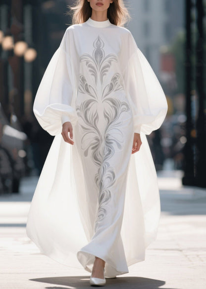 French White Stand Collar Print Chiffon Robe Dresses Lantern Sleeve
