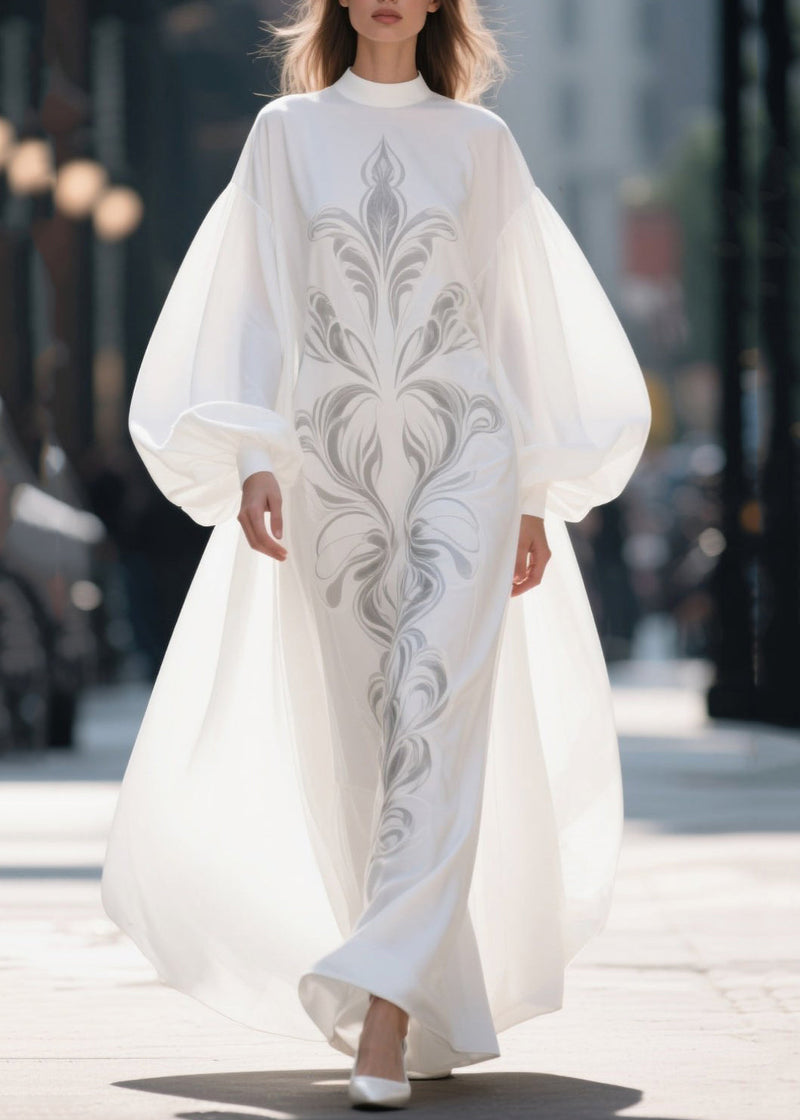 French White Stand Collar Print Chiffon Robe Dresses Lantern Sleeve