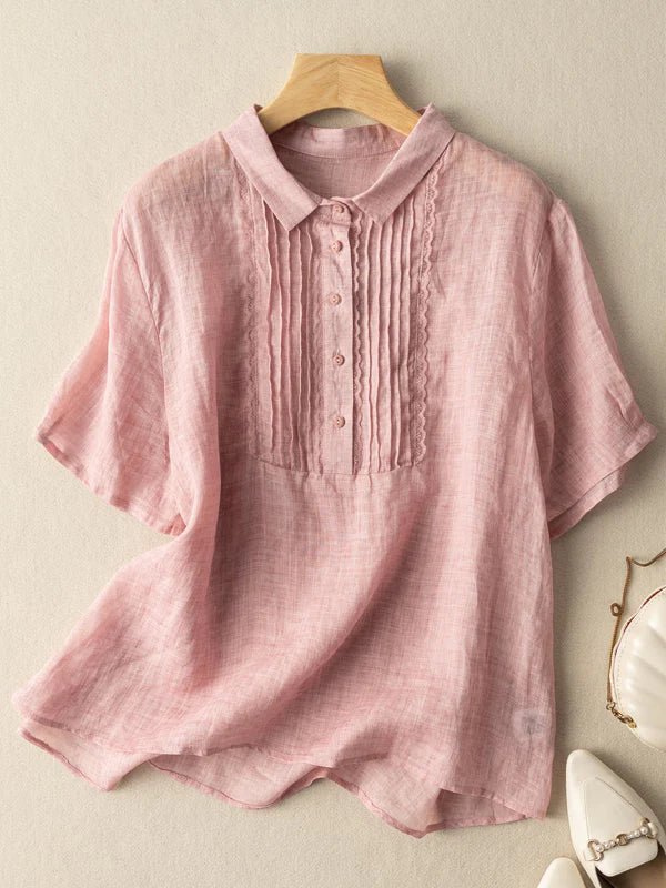Color Short Sleeve Linen Pleated Top