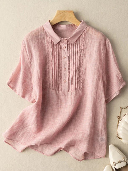 Color Short Sleeve Linen Pleated Top