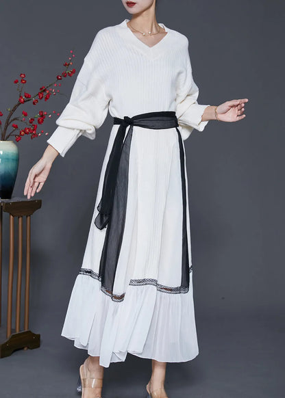 Style White V Neck Patchwork Knit Sweater and Skirt Two Pieces Set Spring