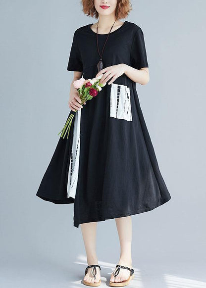 Modern Patchwork White Prints Cotton Tunics Asymmetric Hem Short Summer Dress