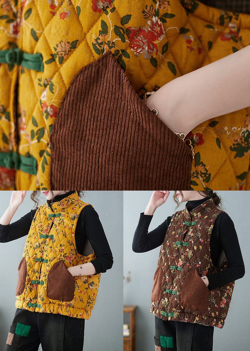 Coffee Print Pockets Patchwork Cotton Filled Waistcoat Stand Collar Sleeveless