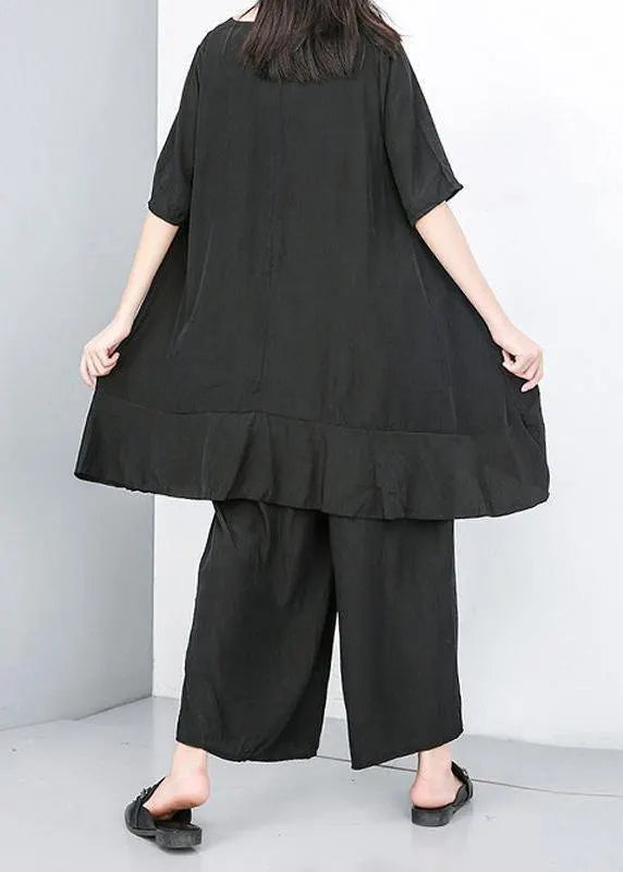 Style Cotton Korea Summer Pure Color Irregular Blouse and Wide Leg Pants