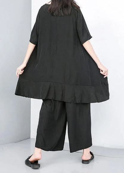 Style Cotton Korea Summer Pure Color Irregular Blouse and Wide Leg Pants