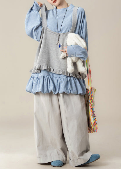 Loose Grey Ruffled Knit Vest Blue Lace Up Tops and Pants Cotton Three Piece Set Fall