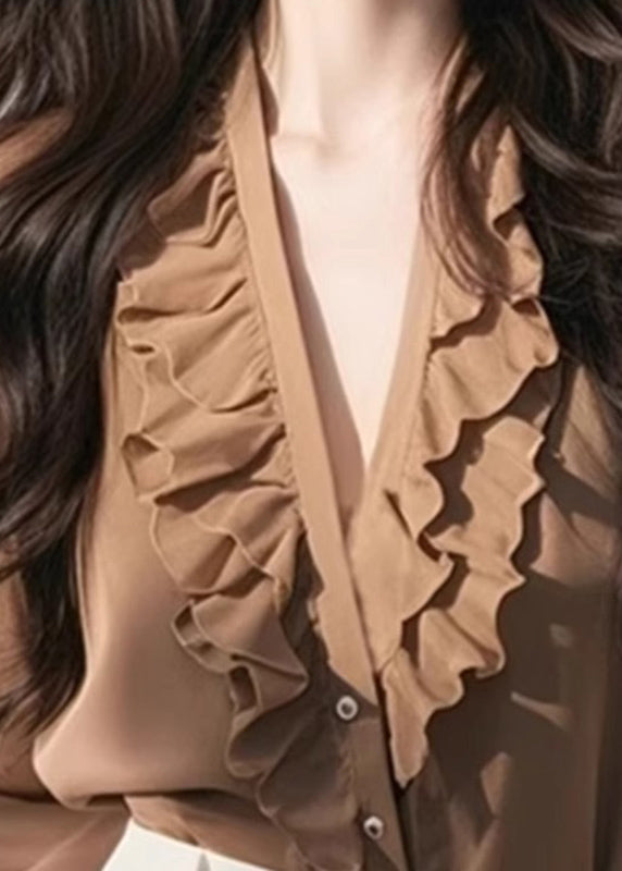 Coffee V Neck Ruffled Top Fall