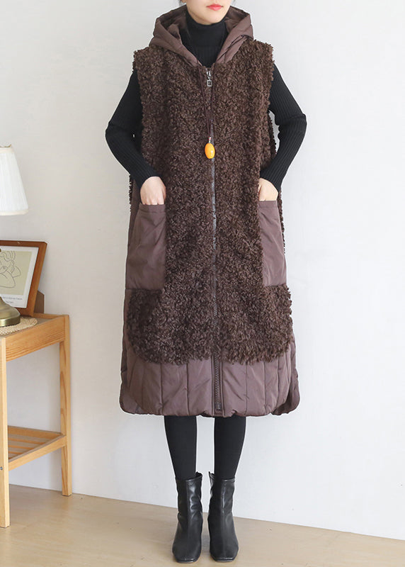 Coffee Colour Zippered Pockets Woolen Cotton Hooded Waistcoat Sleeveless