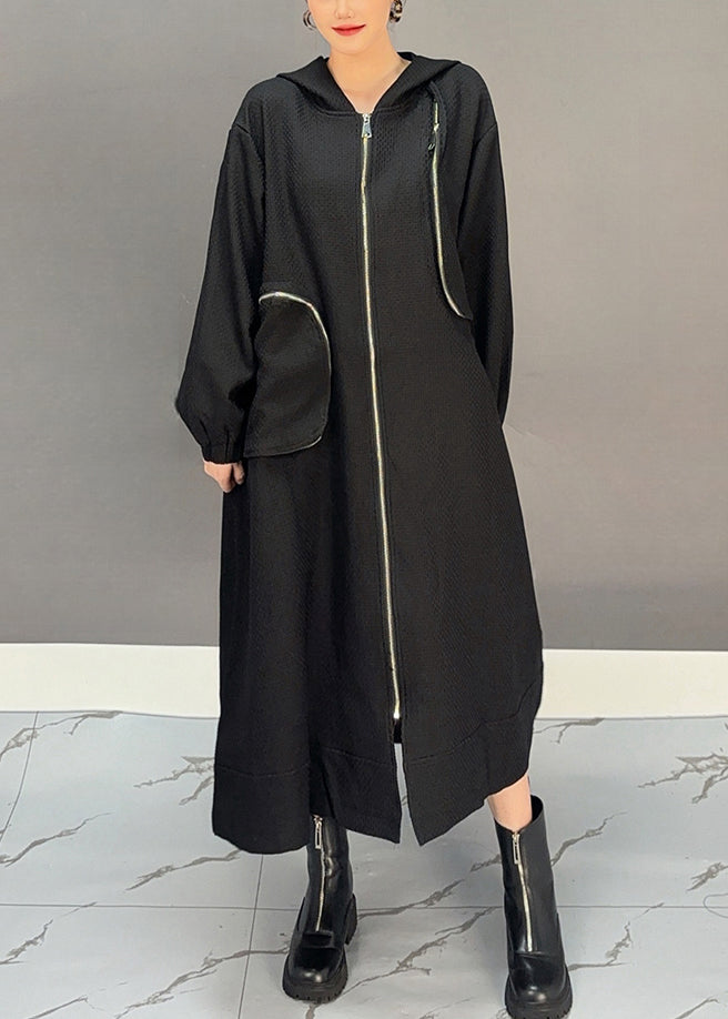 Coffee Patchwork Zippered Hooded Maxi Trench Coat Spring