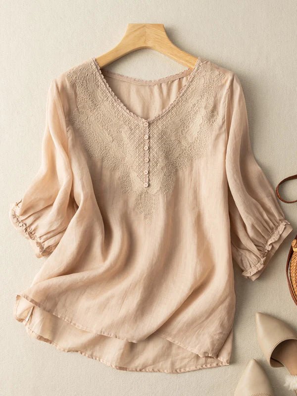 Embroidered V Neck Half Sleeve Linen Top