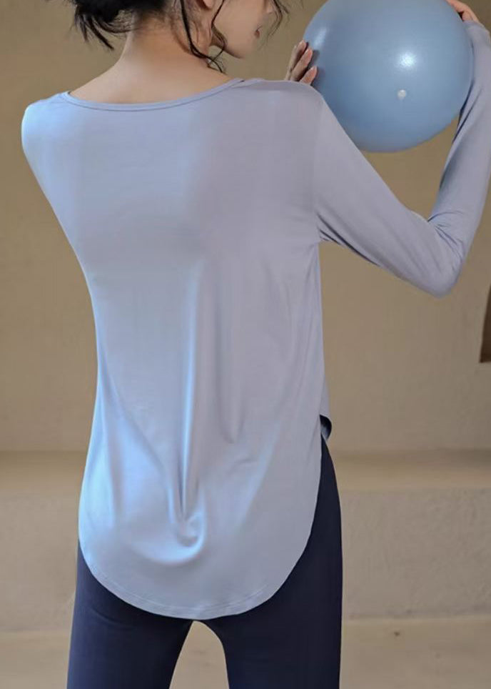 Loose Blue O-neck Patchwork Yoga Top Fall