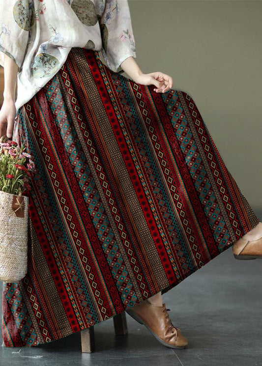 Brown and Red Stripes Ramie Elastic Waist Skirt