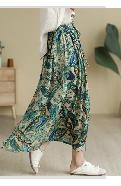 Literary Tencel Linen Print Slim A-line Skirt