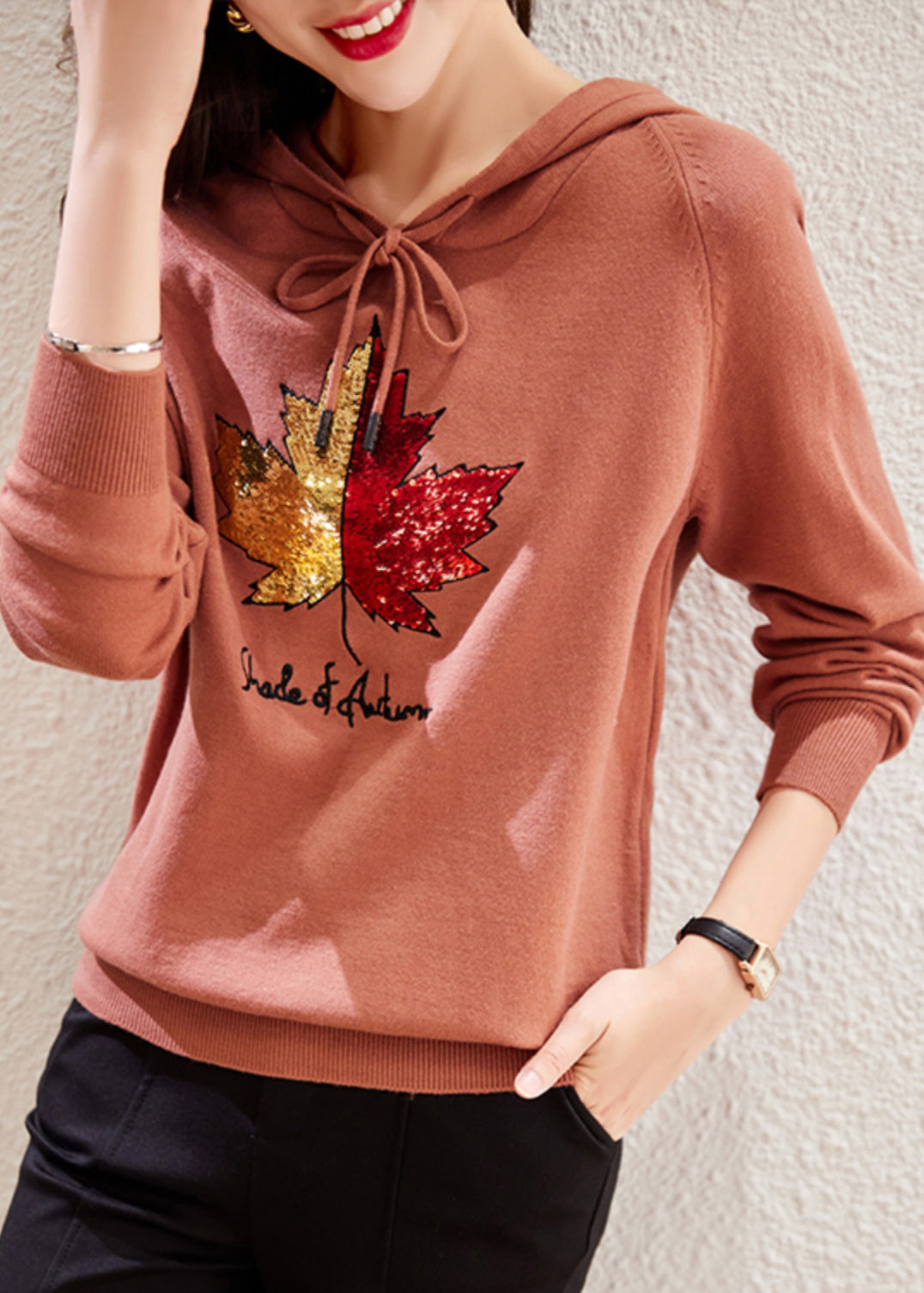 Rubber Red Hooded Embroidered Patchwork Cotton Top Fall