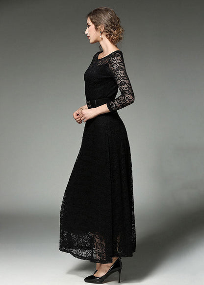 Black Sashes Patchwork Slim Fit Lace Long Dresses O-neck Bracelet Sleeve