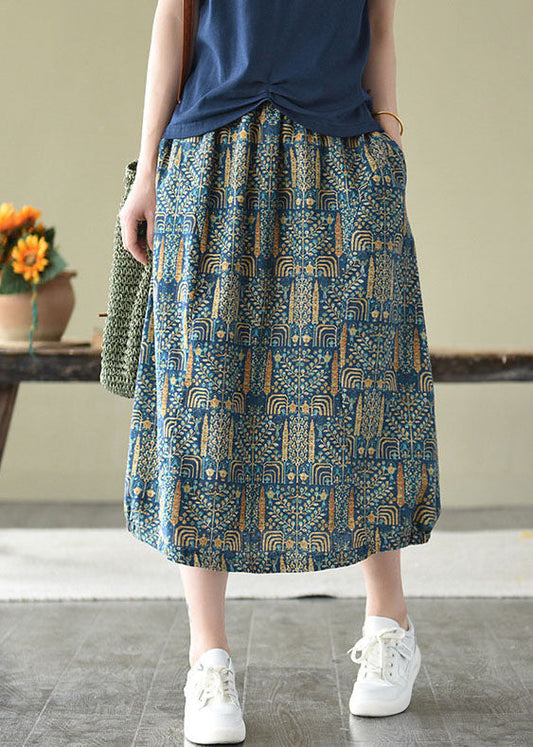 Blue Elastic Waist Pockets Print Linen Skirts Summer