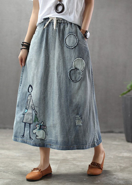Light Blue Elastic Waist Patchwork Cartoon Embroideried Tulle Denim Skirts Spring