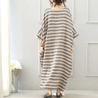 Gray Striped Long Linen Dresses Loose Fitting O Neck Gown Fine Batwing Sleeve Kaftans