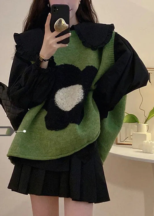 Green Cotton Knit Waistcoat Black Shirts and Pleated Skirt Three Pieces Set Long Sleeve