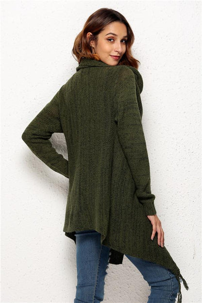 Tassel Asymmetrical Hem Shawl Speckled Fringe Cardigan - Khaki