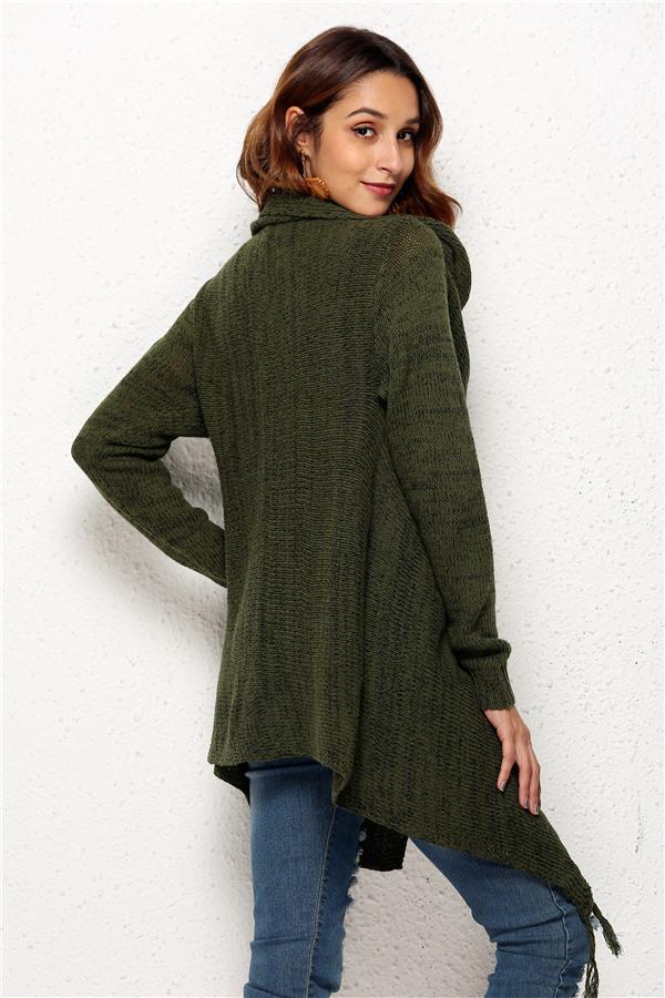 Tassel Asymmetrical Hem Shawl Speckled Fringe Cardigan - Khaki