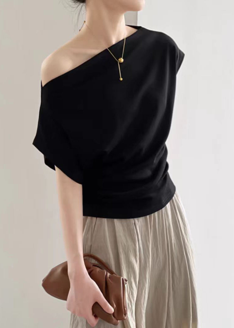 Black Slash Neck Cotton T Shirt Summer