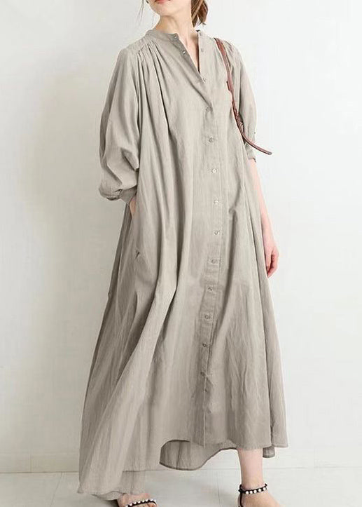 Apricot O Neck Button Cotton Shirts Dress Spring