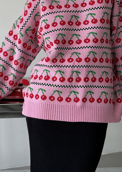 New Pink O Neck Thick Print Knit Short Sweater Fall