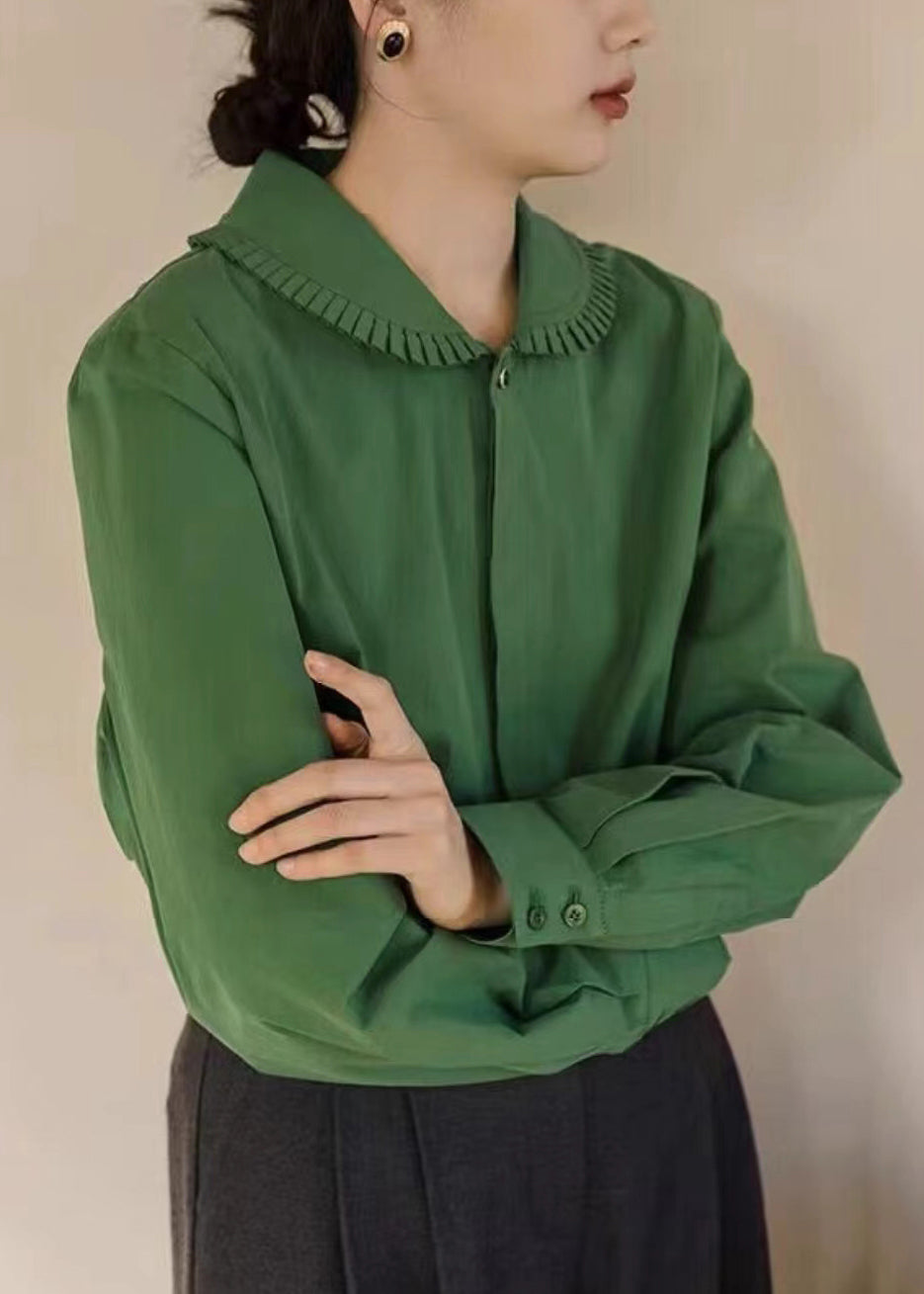 Loose Green Peter Pan Collar Button Cotton Blouses Fall