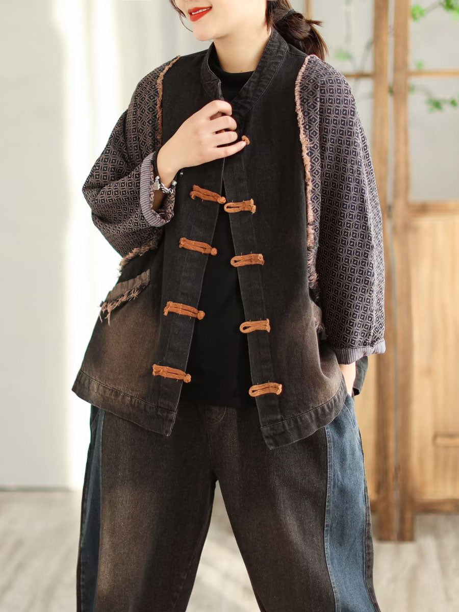 Spring Patchwork Frog Burrs Denim Coat