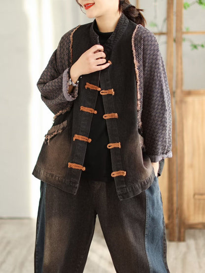 Spring Patchwork Frog Burrs Denim Coat