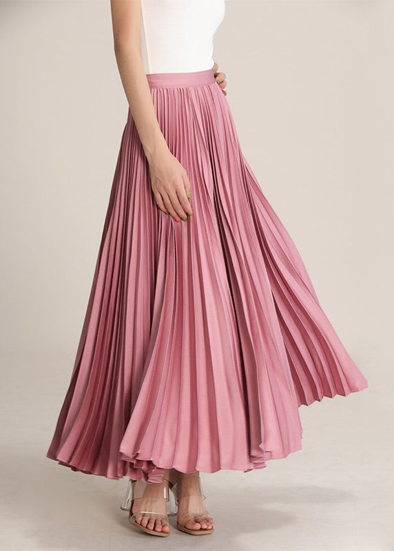 Pink High Waist Silk Pleated Skirt Zippered