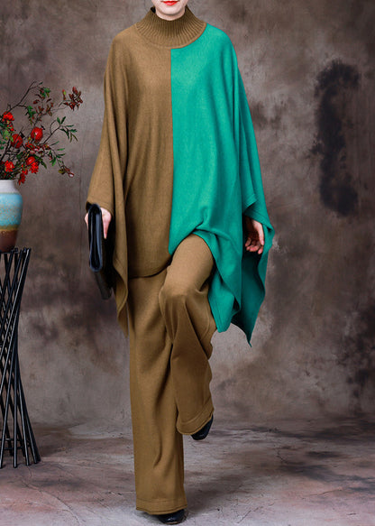 Diy Coffee Turtleneck Asymmetrical Patchwork Knit Sweaters and Wide Leg Pants Two Pieces Set Fall