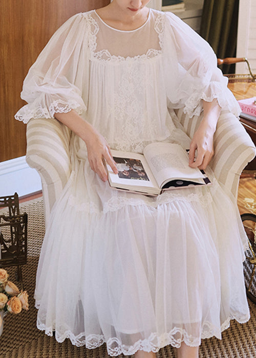 White Wrinkled Lace Patchwork Tulle Pajamas Dresses Half Sleeve