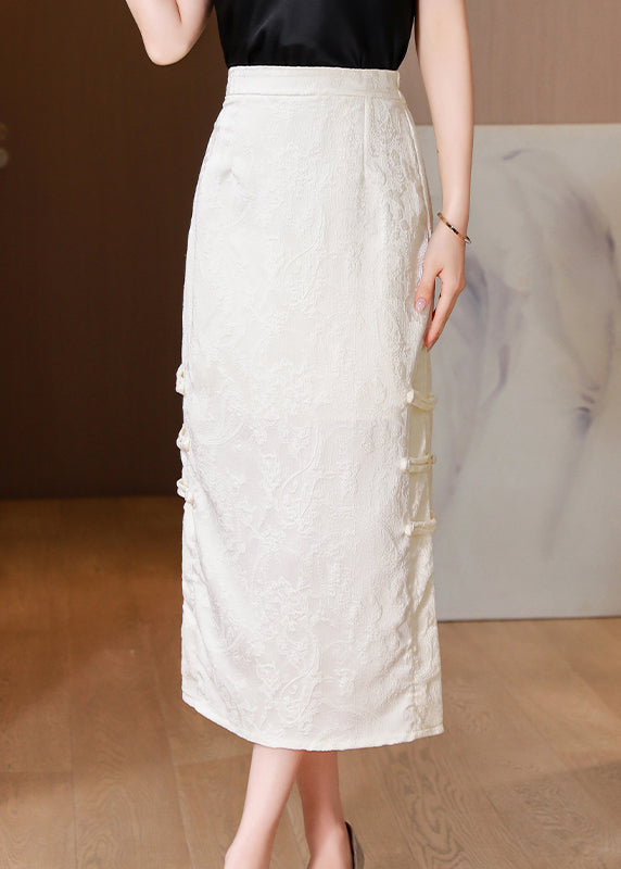 Apricot Jacquard Chinese Button Side Open Silk Skirts Spring