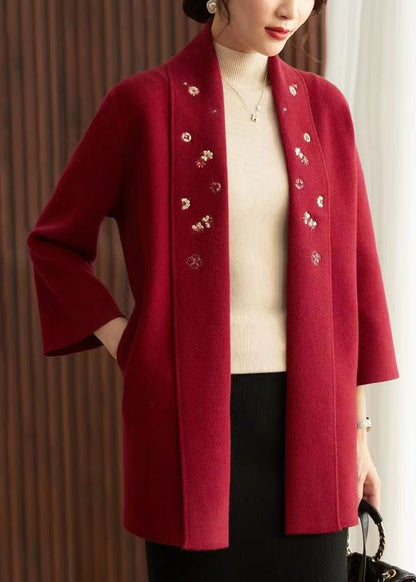 Red Embroidered Pockets Patchwork Knit Cardigans Fall