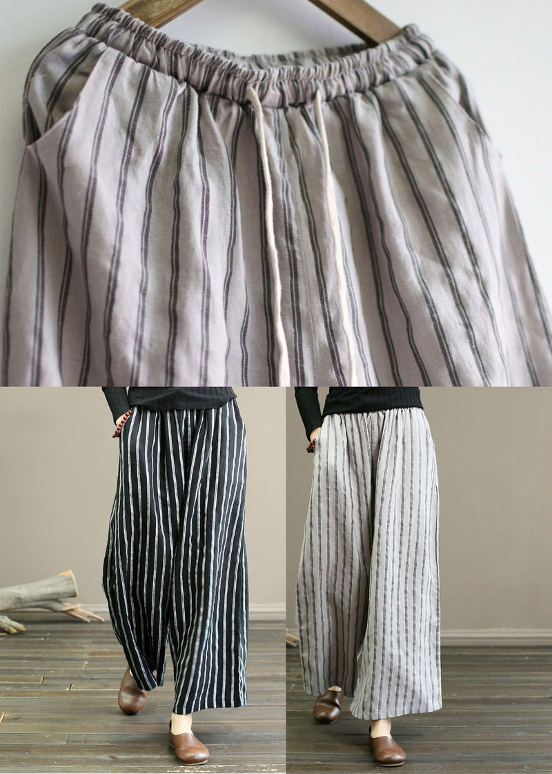 Black Striped Linen Wide Leg Pants Elastic Waist Oversized