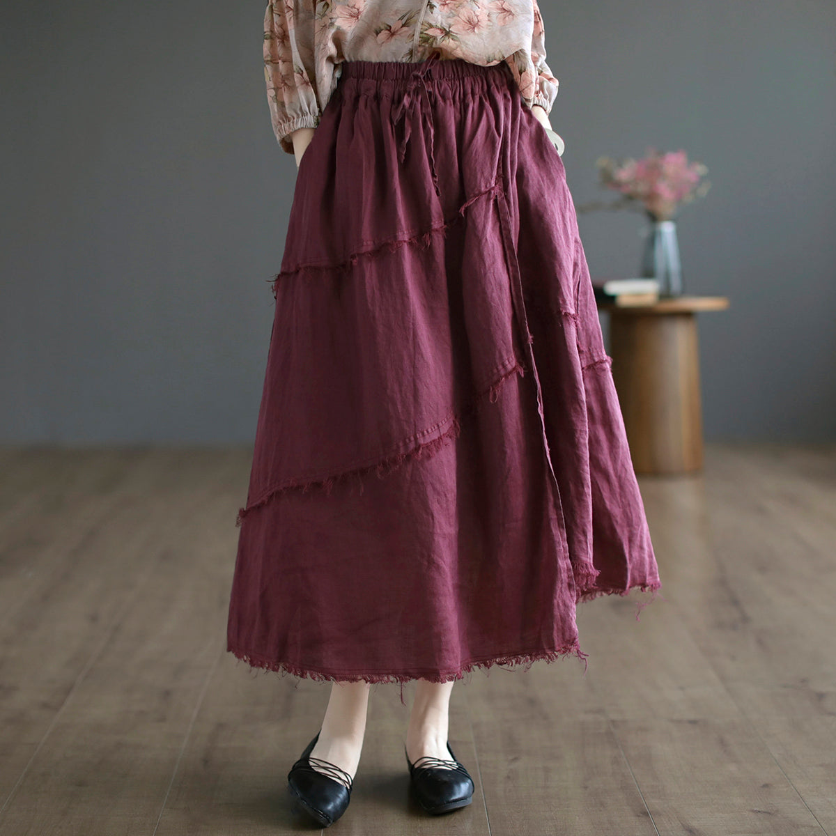 Cozy Autumn Trim Linen A-line Skirt