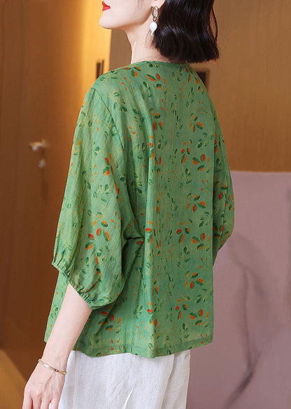 Green O Neck Print Wrinkled Patchwork Linen T Shirt Tops Summer