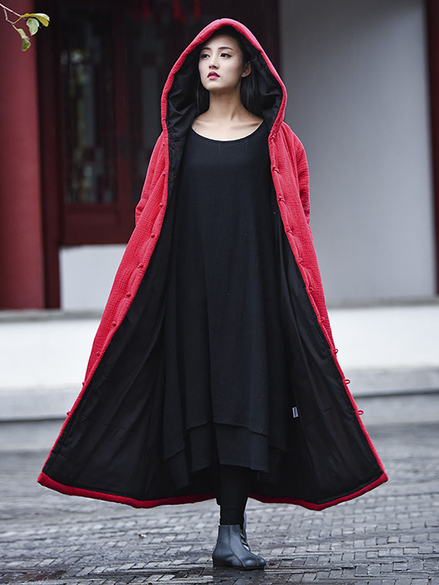Winter Frog Pocket Hooded Long Coat