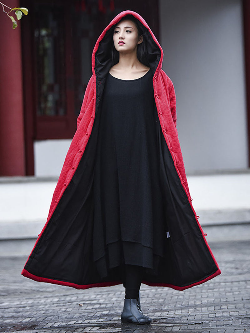 Winter Frog Pocket Hooded Long Coat