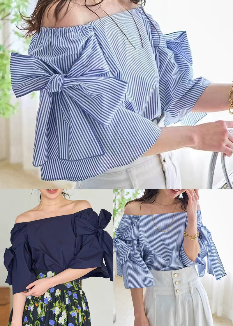 Navy Cold Shoulder Cotton Shirt Top Summer