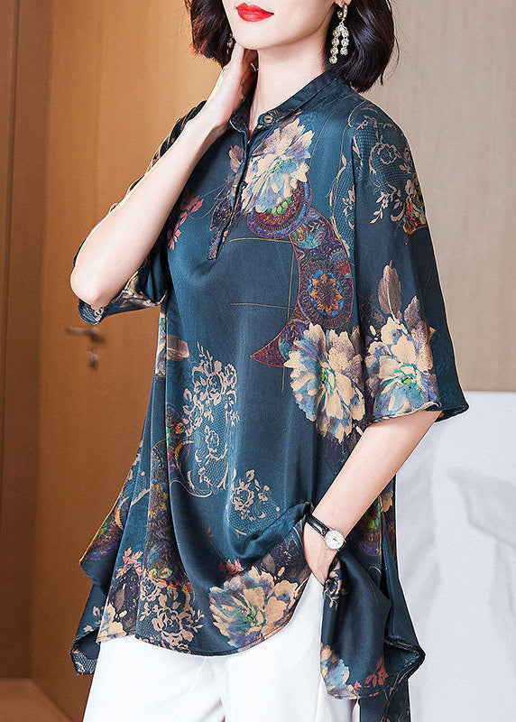 Green Asymmetrical Print Silk Shirt Summer