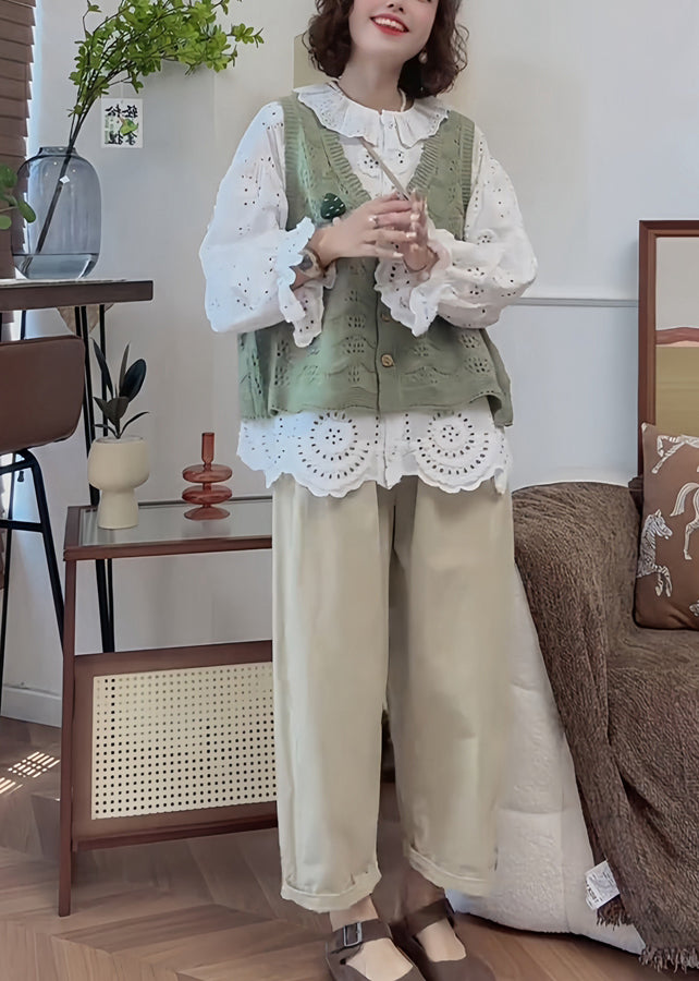 French Handmade White Puff Sleeve Hollow Out Cotton Shirt