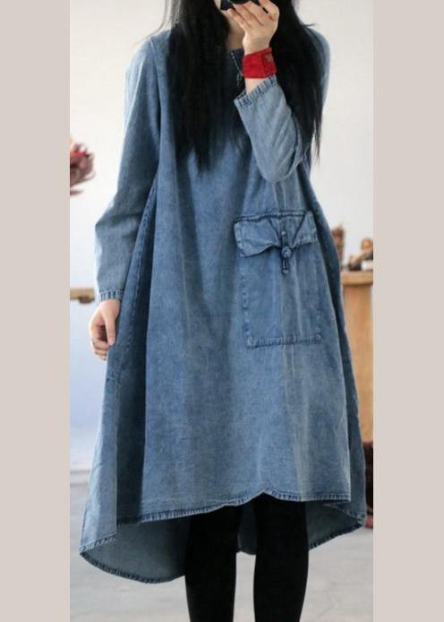 Denim Blue U Neck Dress Large Hem Mid Dress