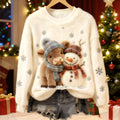 Comstylish Cute Highland Cow And Snowman Art Plush Pattern Christmas Sweater
