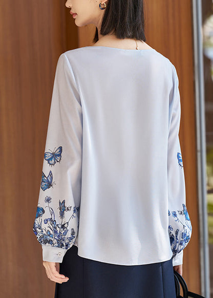 Blue O-neck Print Shirt Fall