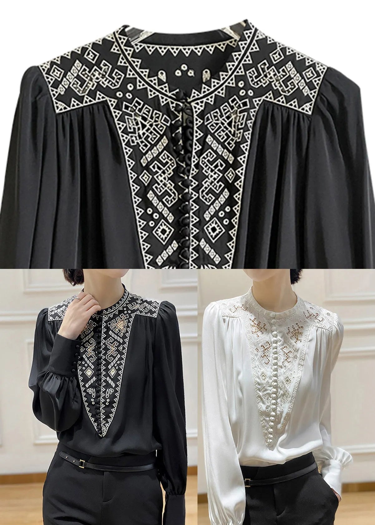White O-neck Embroidered Silk Shirt Long Sleeve