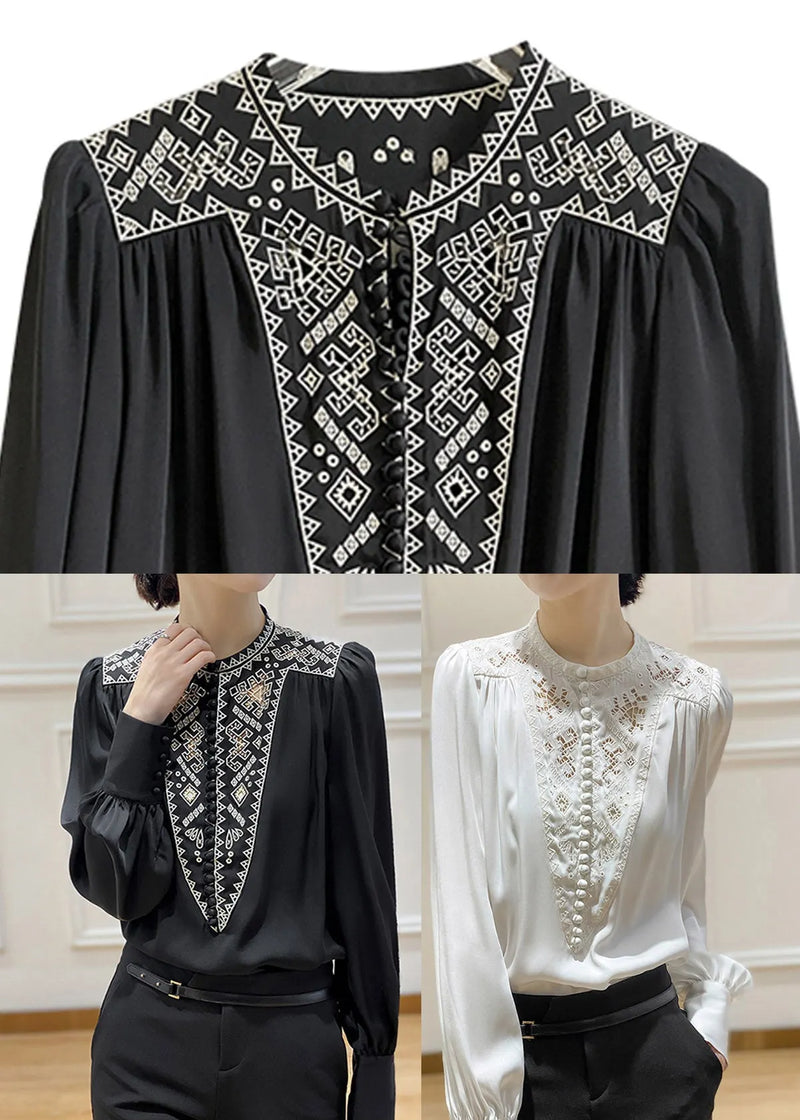 White O-neck Embroidered Silk Shirt Long Sleeve