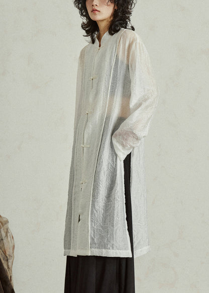 White Stand Collar Organza Maxi Shirt Fall